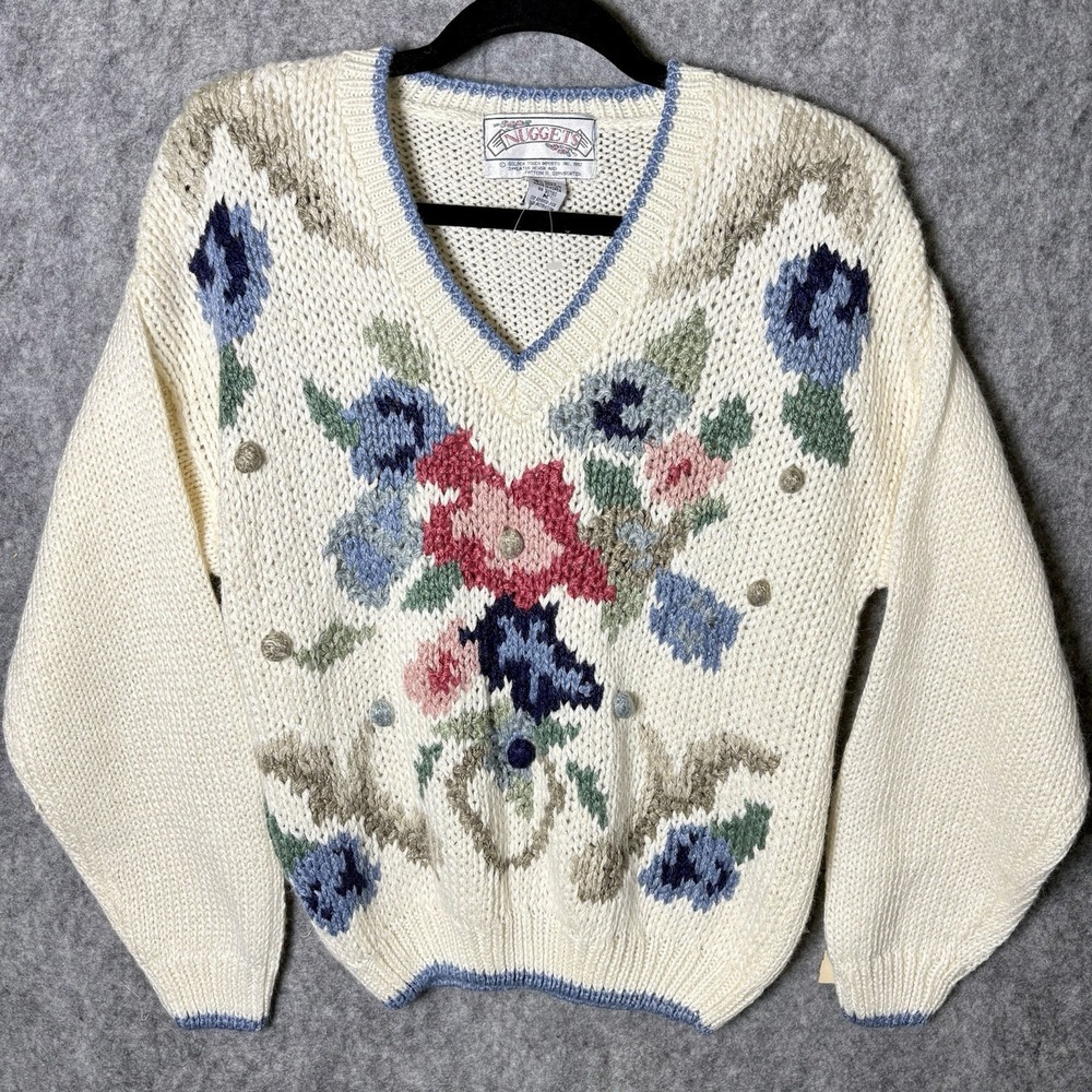 Nuggets VTG Sweater Floral Pattern 1992 NWT Bobble Detailing Cream Cottagecore
